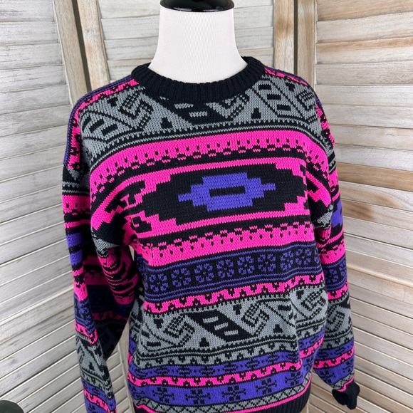 90s Neon Pink Purple Black Knitted Cozy Mount Cervin Sweater Size Large - Picture 2 of 7
